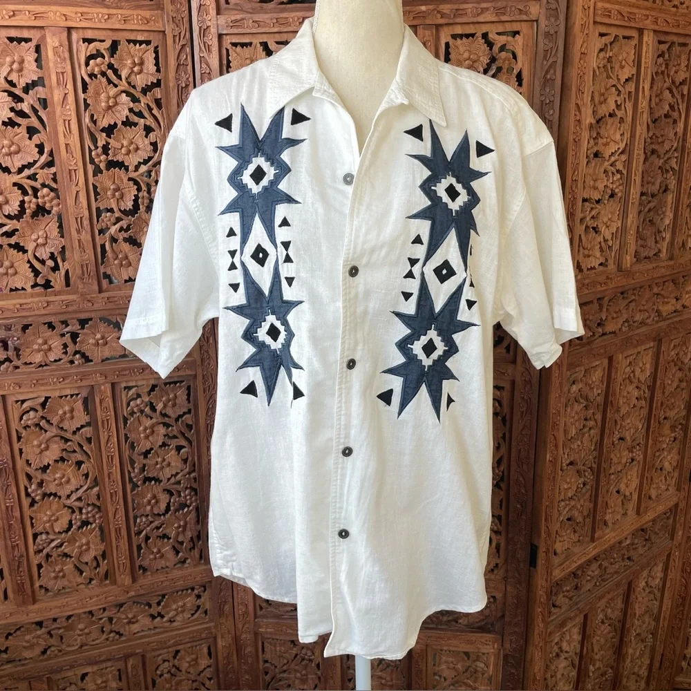 White Embroidered Men's Short Sleeve Cotton Linen Shirt Western Aztec - Picture 4 of 11